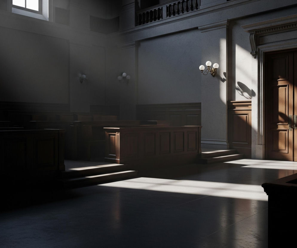Wnętrze pustej sali, prawdopodobnie sądowej lub audytoryjnej, z drewnianymi ławami i wysokimi ścianami. Słońce wpada przez górne okna z lewej strony, tworząc ukośne smugi światła i cienie na szarej podłodze oraz jasnych, teksturowanych ścianach. Na prawej ścianie widać ciemne, podwójne drewniane drzwi z ozdobną futryną oraz dwie oprawy ścienne z kulistymi, mlecznymi lampami, jedna z nich częściowo oświetlona.