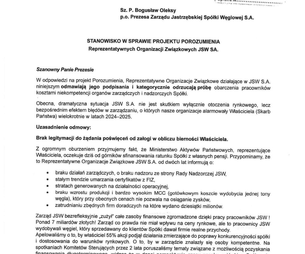 Oświadczenie związków zawodowych Jastrzębskiej Spółki Węglowej