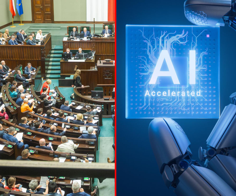 Sala posiedzeń Sejmu RP z widocznymi politykami oraz robotyczny element trzymający panel z napisem AI Accelerated. Zdjęcie ilustruje uchwalenie ustawy o sztucznej inteligencji, o czym przeczytasz na Super Biznes.