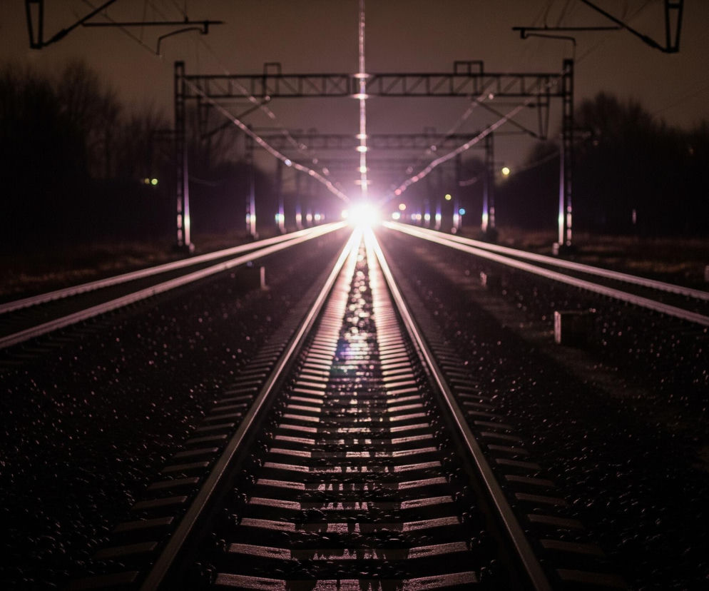 Centralnie biegną dwa tory kolejowe, zbiegające się w oddali, oświetlone mocnym, białym światłem z daleka. Trawa i krzewy po obu stronach torów są ciemne, a niebo nad horyzontem jest w odcieniach szarości i purpury. Po obu stronach torów widać konstrukcje metalowe, stanowiące elementy sieci trakcyjnej, a w tle zarys drzew.