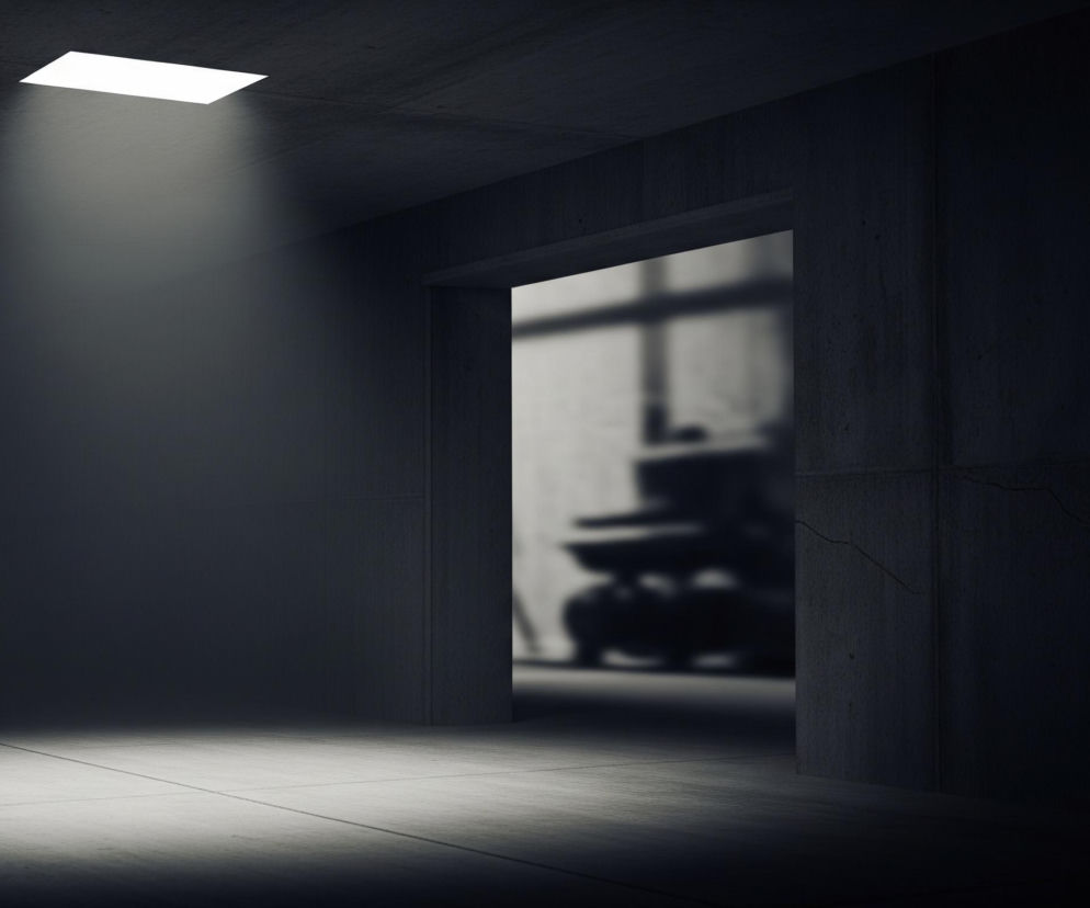 Pusty, ciemny korytarz lub pomieszczenie z surowymi betonowymi ścianami i sufitem. Na suficie, w lewym górnym rogu, znajduje się jaskrawe, prostokątne źródło światła, z którego wydobywa się smuga światła rozjaśniająca fragment podłogi i lewą ścianę. Po prawej stronie widoczne jest otwarcie na inne, niewyraźne pomieszczenie z zamazanymi kształtami mebli lub sprzętu i dużym oknem w tle. Całe wnętrze utrzymane jest w monochromatycznej szaro-czarnej kolorystyce, tworzącej surowy i minimalistyczny nastrój.