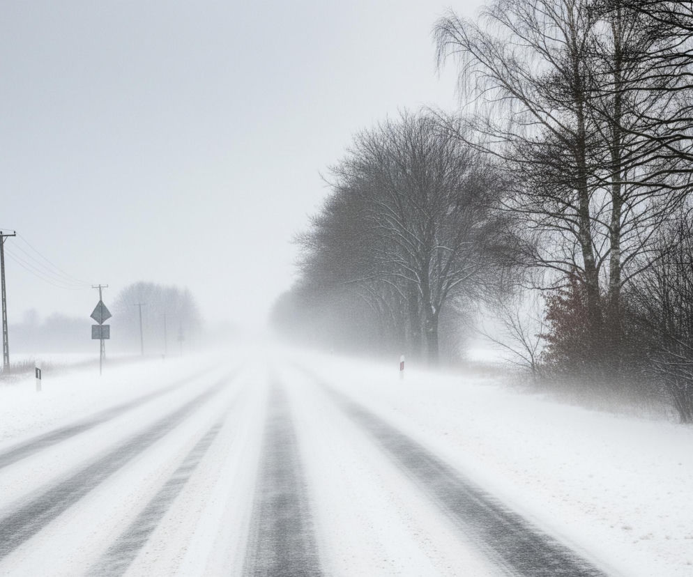 Na zdjęciu dominują zimowe barwy bieli i szarości, przedstawiające zasypaną śniegiem drogę biegnącą w dal. Asfalt jest częściowo odśnieżony, tworząc cztery równoległe, ciemne pasy, otoczone grubą warstwą białego śniegu. W tle widoczna jest linia drzew z nagimi gałęziami, z których niektóre są przysypane białym puchem, rozciągająca się wzdłuż prawej strony drogi. Po lewej stronie drogi stoi słup telefoniczny z poziomą belką i kilkoma cienkimi przewodami, a za nim rozciąga się zasypane śniegiem pole i odległa mglista linia drzew.