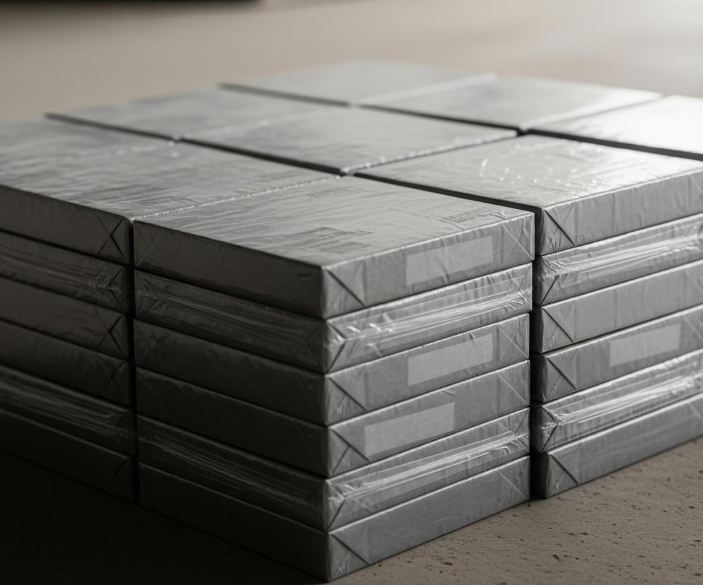 Sześć stosów prostokątnych, szarych opakowań, po pięć w każdym stosie, tworzy dużą, ułożoną powierzchnię. Każde pojedyncze opakowanie jest owinięte przezroczystą folią, a na niektórych bokach widoczne są białe, prostokątne etykiety. Stosy leżą na szarej, chropowatej powierzchni, która zanika w nieostrym tle, oświetlonej częściowo z lewej strony, tworząc głębokie cienie po prawej stronie.