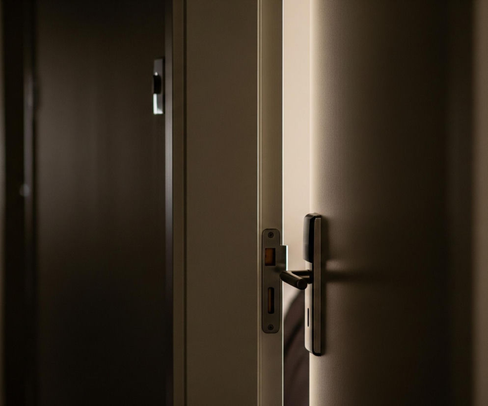 Częściowo otwarte drzwi w ciemnym korytarzu. Centralnym punktem jest prawe skrzydło drzwi w jasnym odcieniu szarości, z widoczną czarną klamką i mechanizmem zamka. Po lewej stronie widoczne jest metalowe zaczepowe gniazdo zamka, a dalej, w głębi, znajduje się fragment kolejnych drzwi lub ściany w ciemniejszym, brązowym odcieniu. Całość oświetlona jest bocznym światłem, tworzącym kontrastowe obszary cienia i rozjaśnienia.