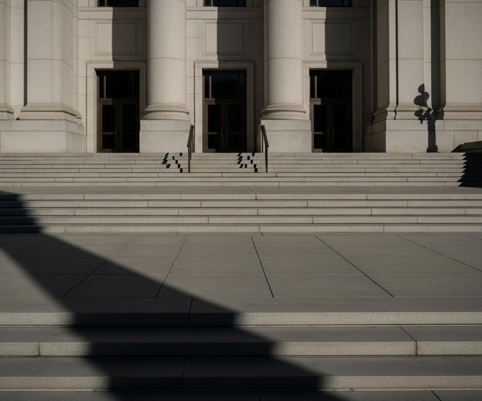 Centralnie w kadrze widoczne jest monumentalne wejście do budynku z beżowego kamienia, z trzema kolumnami i czterema ciemnymi drzwiami. Długie, szerokie schody prowadzą do wejścia, a na ich powierzchni oraz na przedpolu widoczne są cienie ostrego światła słonecznego, tworzące geometryczne kształty. Po bokach schodów, na podwyższeniach, znajdują się dwie zabytkowe, zielonkawe latarnie z czterema kulistymi kloszami każda, z których lewa rzuca długi cień w dół schodów.