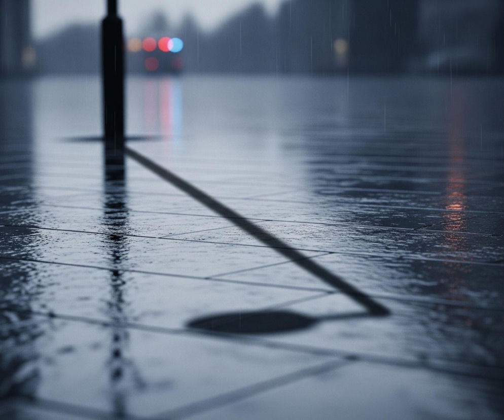 Szare płytki chodnikowe, pokryte licznymi kroplami deszczu, odbijają rozmyte światła w tle. Pionowy, ciemny słupek rozciąga się od dołu kadru, jego cień pada ukośnie w prawo, kończąc się okrągłym kształtem. W oddali widać niewyraźne, kolorowe światła: czerwone, niebieskie i pomarańczowe.