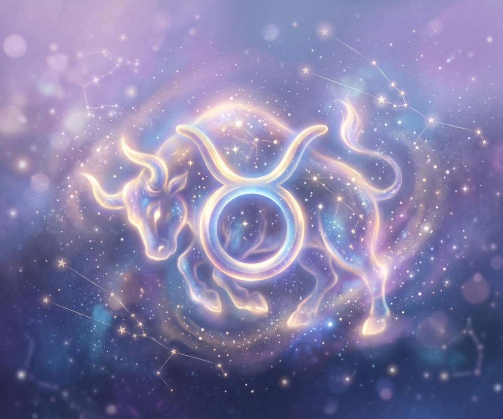 Świecący symbol zodiakalnego Byka na tle gwieździstego kosmosu. O horoskopie dla Byka przeczytasz na Eska.