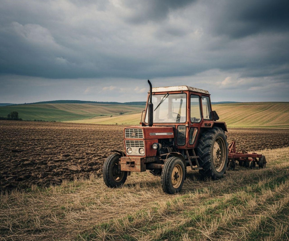 Czerwony traktor stoi na zaoranym polu, symbolizując samotność rolnika. W tle faliste, zielone pola pod zachmurzonym niebem. Zdjęcie ilustruje wyzwania samodzielnej pracy na roli, o których przeczytasz więcej na Super Biznes.