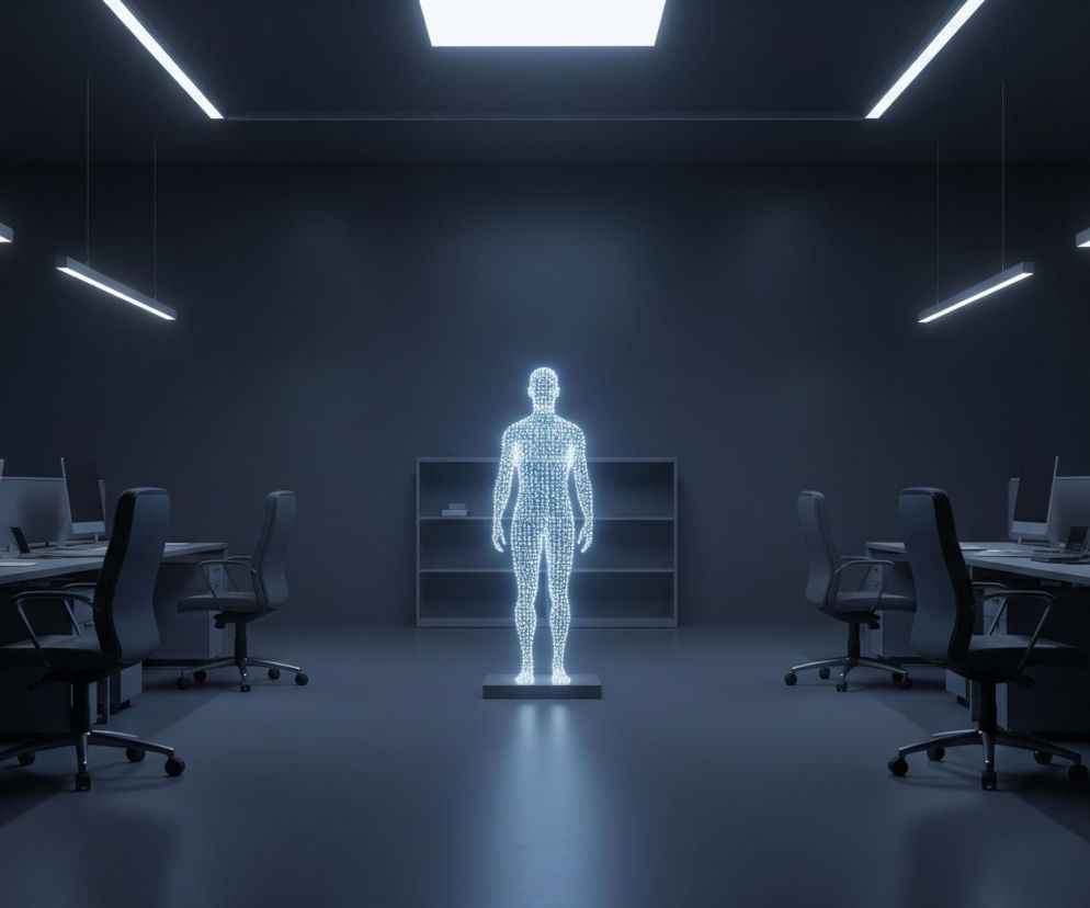 W ciemnym, nowoczesnym biurze stoi centralnie, skierowana frontem do widza, świetlista, niebiesko-biała postać człowieka, stworzona z cyfrowych kropek lub pikseli. Postać ta stoi na małym, ciemnym, prostokątnym cokole, emitując delikatne światło na podłogę. Pomieszczenie jest oświetlone podłużnymi lampami sufitowymi, rozmieszczonymi symetrycznie po obu stronach centralnej linii sufitu, oraz jedną dużą kwadratową lampą w tle. W biurze znajdują się rzędy biurek z ciemnymi monitorami i krzesłami obrotowymi po lewej i prawej stronie, a także regał na książki w tle, za świetlistą postacią. Całe wnętrze utrzymane jest w monochromatycznej palecie ciemnego granatu i szarości, podkreślonej chłodnym, niebieskawym światłem.