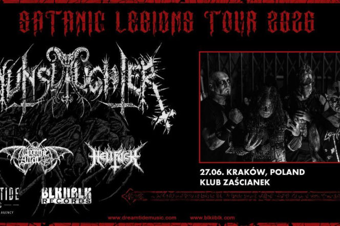 Plakat koncertowy zespołu NunSlaughter Satanic Legions Tour 2026, z grafiką logo zespołu i wizerunkiem muzyków. Zawiera informacje o dacie 27.06, miejscu w Krakowie, Klub Zaścianek. Więcej szczegółów o wydarzeniu na naszym portalu.