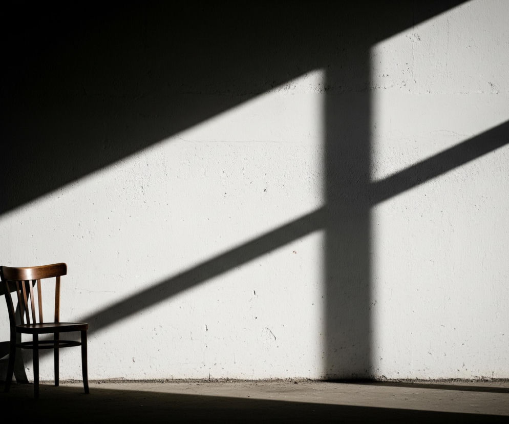 Drewniane krzesło z zaokrąglonym oparciem i czterema pionowymi szczebelkami stoi w lewej dolnej części kadru, zwrócone lekko w prawo. Jego prawa strona i część oparcia są jaśniejsze, oświetlone światłem, które tworzy długie, pionowe cienie szczebelków na ciemnej ścianie po lewej. Duża część tła to chropowata, jasnoszara ściana z widocznymi drobnymi nierównościami i pęknięciami, która rozdziela się na ciemne i jasne obszary, tworząc na sobie wzór przypominający krzyż. Podłoga w dolnej części kadru jest częściowo oświetlona, częściowo zacieniona.