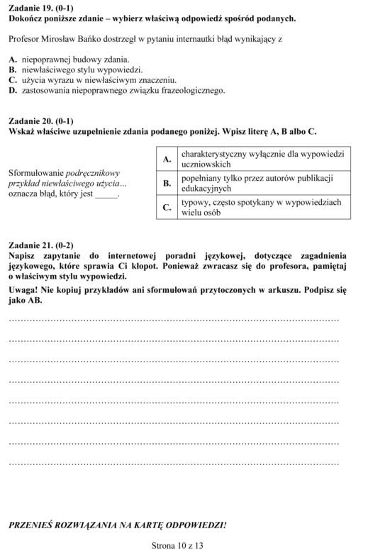 EGZAMIN GIMNAZJALNY 2013 JĘZYK POLSKI - ODPOWIEDZI, ARKUSZE z CKE