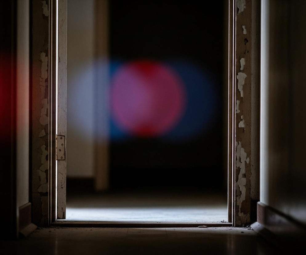 W centrum kadru widać częściowo otwarte drzwi, obramowane po bokach drewnianymi futrynami o łuszczącej się farbie. Pomiędzy nimi, w tle ciemnego pomieszczenia, widoczne są trzy rozmyte, okrągłe plamy światła: duża, purpurowa w centrum, częściowo zakrywająca czerwoną po prawej i mniejszą niebieską po lewej. Podłoga w przejściu jest oświetlona, co kontrastuje z ciemnymi ścianami i podłogą w pomieszczeniu przed drzwiami oraz dalszym korytarzem za nimi.