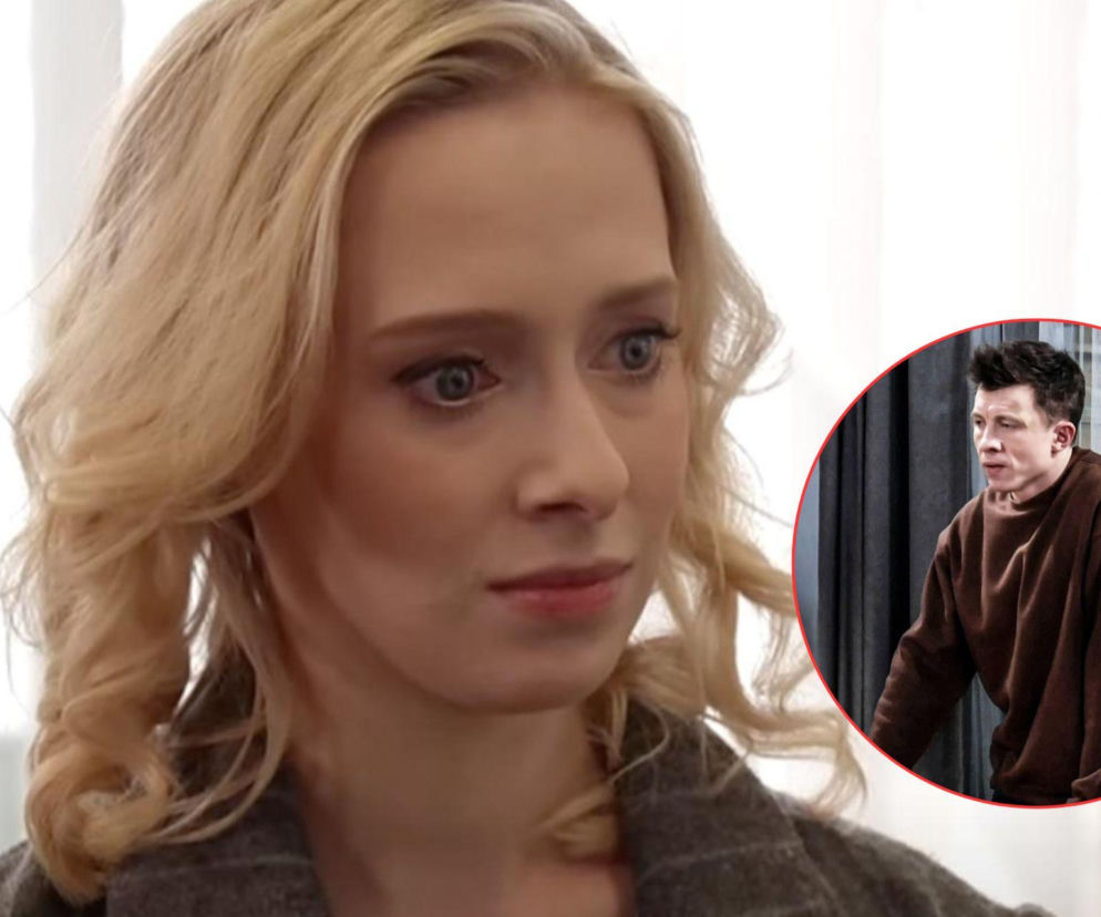 Kobieta o blond włosach i niebieskich oczach spogląda w dół, wyrażając zmartwienie, a w czerwonym kółku w prawym górnym rogu znajduje się mężczyzna o krótkich, ciemnych włosach w brązowej bluzie. To kadr z serialu Pierwsza Miłość, gdzie Kaja ignoruje sprzeciw Alana, zabierając Kostka, co rozpoczyna ostrą batalię o dziecko. Więcej o dramatycznych losach bohaterów na Super Seriale.