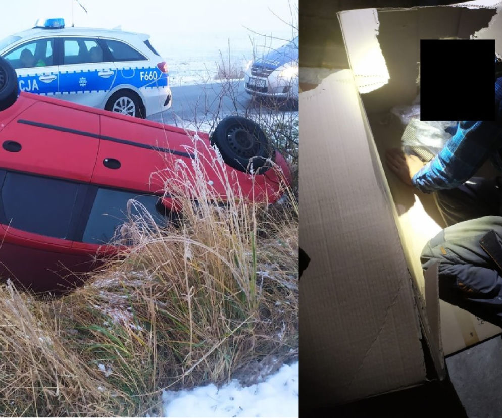 Dachował w rowie, ze strachu schował się na strychu. policja znalazła go... w kartonie!
