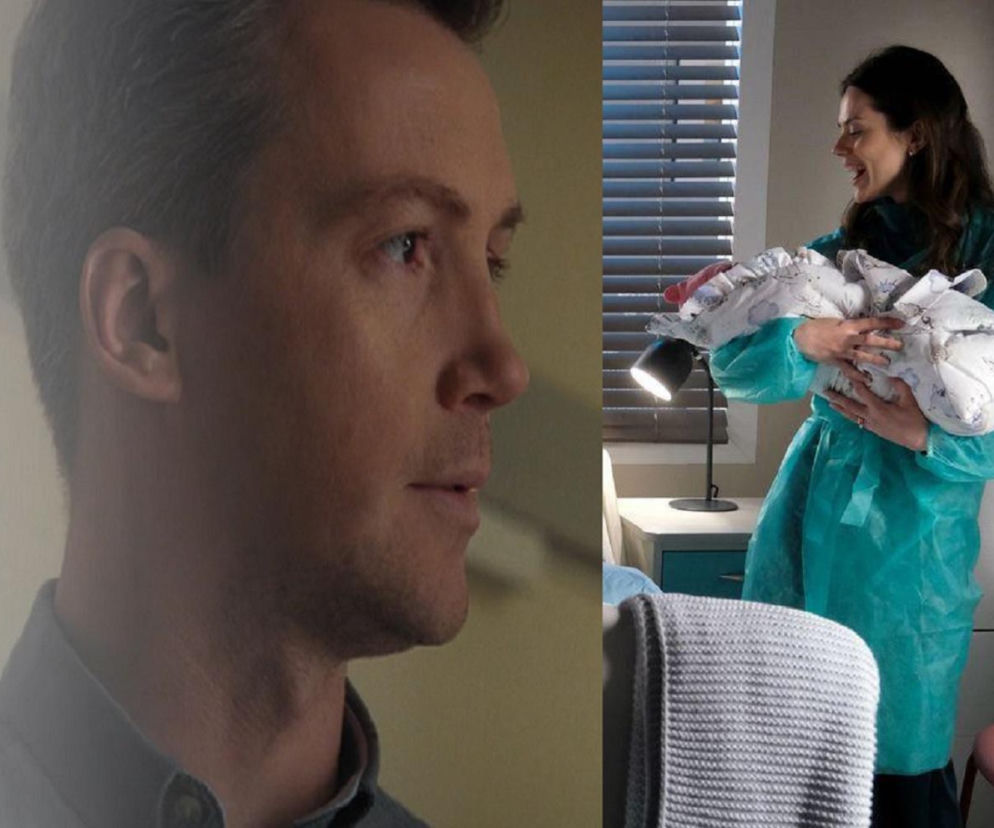 Podzielone zdjęcie: po lewej Jakub (Krzysztof Kwiatkowski) z profilu, po prawej Kasia (Paulina Lasota) w szpitalnej koszuli, uśmiechnięta, trzymająca zawinięte dziecko. Jakub czeka na wiadomość o porodzie Kasi, o czym przeczytasz na Super Seriale.