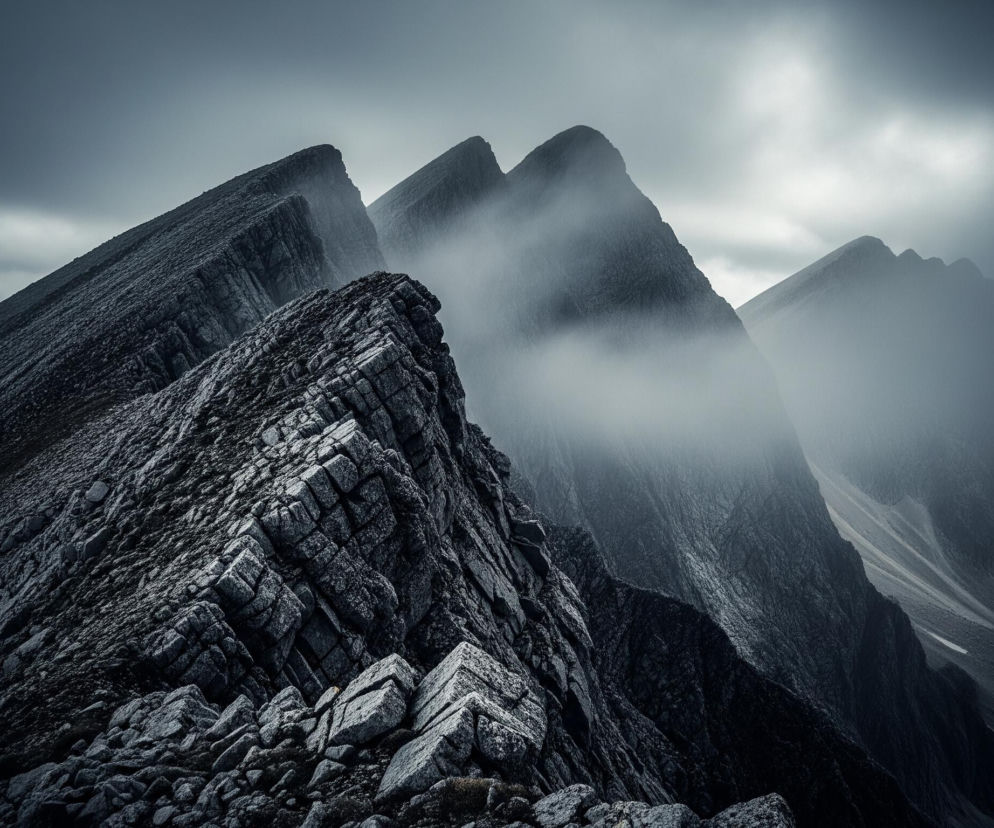 Na pierwszym planie, po lewej stronie, rozciąga się ostry grzbiet górski o poszarpanych, szarych skałach, z widocznymi szczelinami i mniejszymi odłamkami kamieni. Krajobraz zdominowany jest przez ciemne, matowe odcienie szarości i błękitu, tworząc surowy i ponury nastrój. W tle, kolejne, smukłe szczyty górskie są częściowo zasłonięte przez białą, gęstą mgłę, która rozpościera się również w środkowej części obrazu. Niebo nad górami jest ciemne i zachmurzone, z jaśniejszym, rozmytym światłem widocznym po prawej stronie horyzontu.