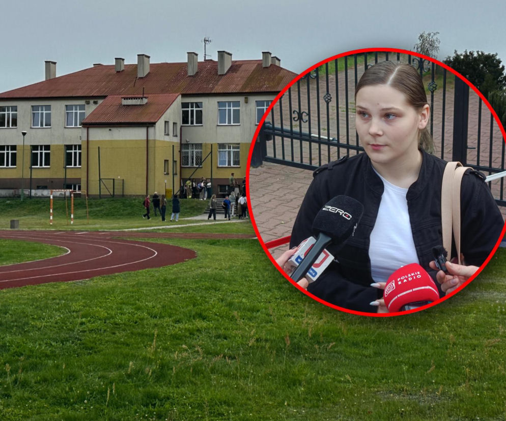 Budynek szkoły w Leszczydole-Nowinach. Na miniaturze młoda kobieta udzielająca wywiadu. O tragedii przeczytasz na Eska Warszawa.