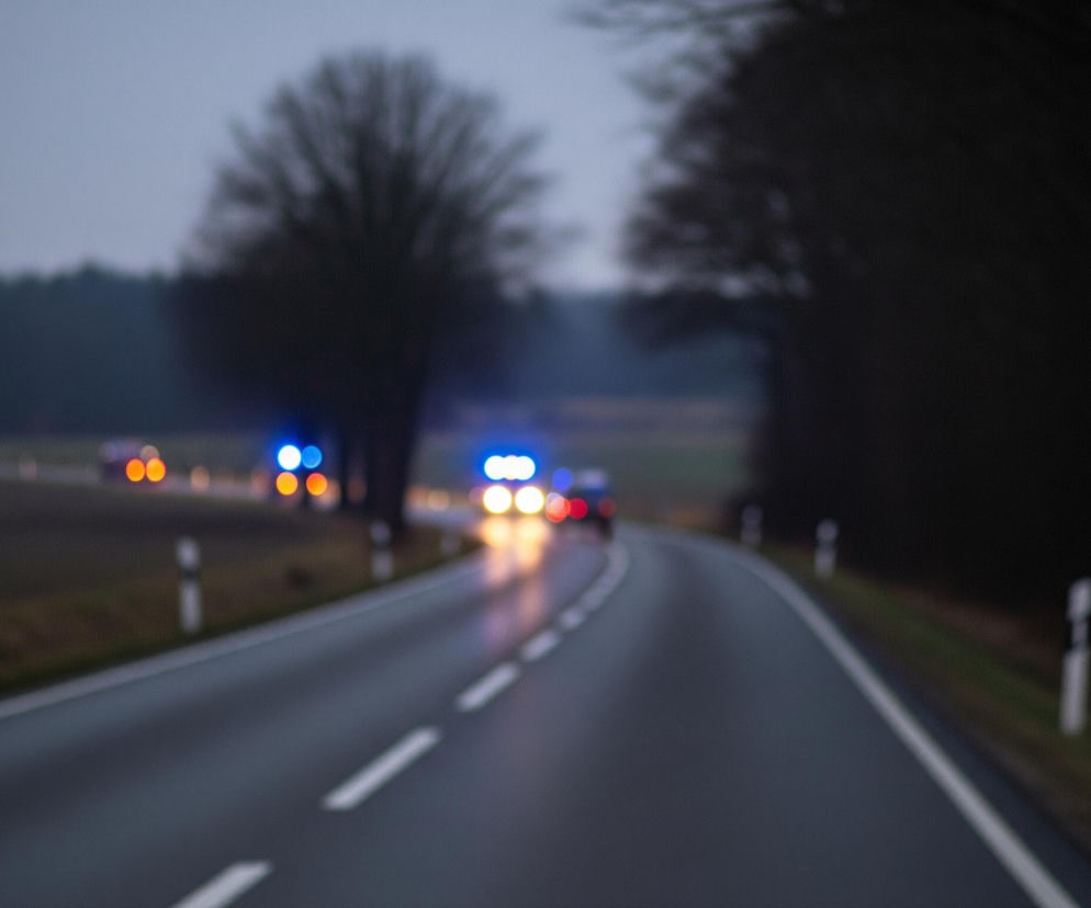 Droga asfaltowa, z białymi przerywanymi liniami na środku i ciągłymi liniami na krawędziach, zakręca w prawo, prowadząc w głąb obrazu. Po obu stronach drogi widoczne są brązowo-zielone pobocza, a dalej ciemne drzewa i las, rozmyte tło wskazuje na późną porę dnia lub zmierzch. W oddali, na zakręcie, widoczne są rozmyte światła pojazdów: jaskrawe niebieskie światła alarmowe i pomarańczowe światła pozycyjne, co sugeruje obecność co najmniej dwóch samochodów. Odblaski tych świateł odbijają się na mokrej nawierzchni jezdni, tworząc smugi świetlne.