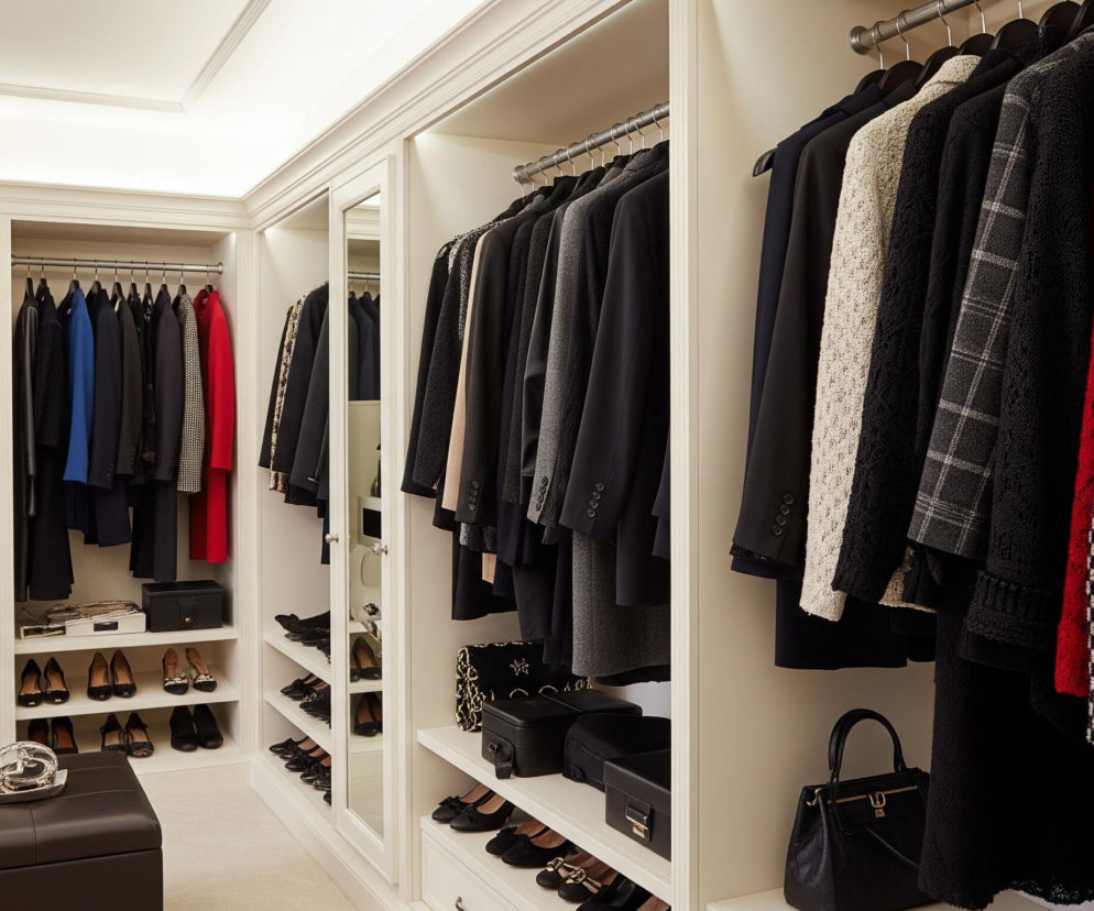 Duża garderoba w kolorze kości słoniowej, wypełniona ubraniami i akcesoriami, dominuje na obrazie. Wzdłuż ścian ciągną się białe szafy z otwartymi wnękami i lustrzanymi drzwiami, w których wiszą rzędy głównie ciemnych marynarek i żakietów, przeplatanych kilkoma czerwonymi, beżowymi lub wzorzystymi elementami. Na niższych półkach i w szafkach znajdują się liczne pary szpilek i czółenek w odcieniach czerni, beżu i granatu, a także kilka czarnych torebek i pudełek. Na pierwszym planie, po lewej stronie, stoi ciemnobrązowa pufa ze skórzanym obiciem, na której leży rozłożony naszyjnik i bransoletka w srebrnych odcieniach, oraz kawałek wzorzystego materiału. Całe pomieszczenie jest jasno oświetlone przez wpuszczone w sufit reflektory oraz wiszący żyrandol z trzema ramionami.