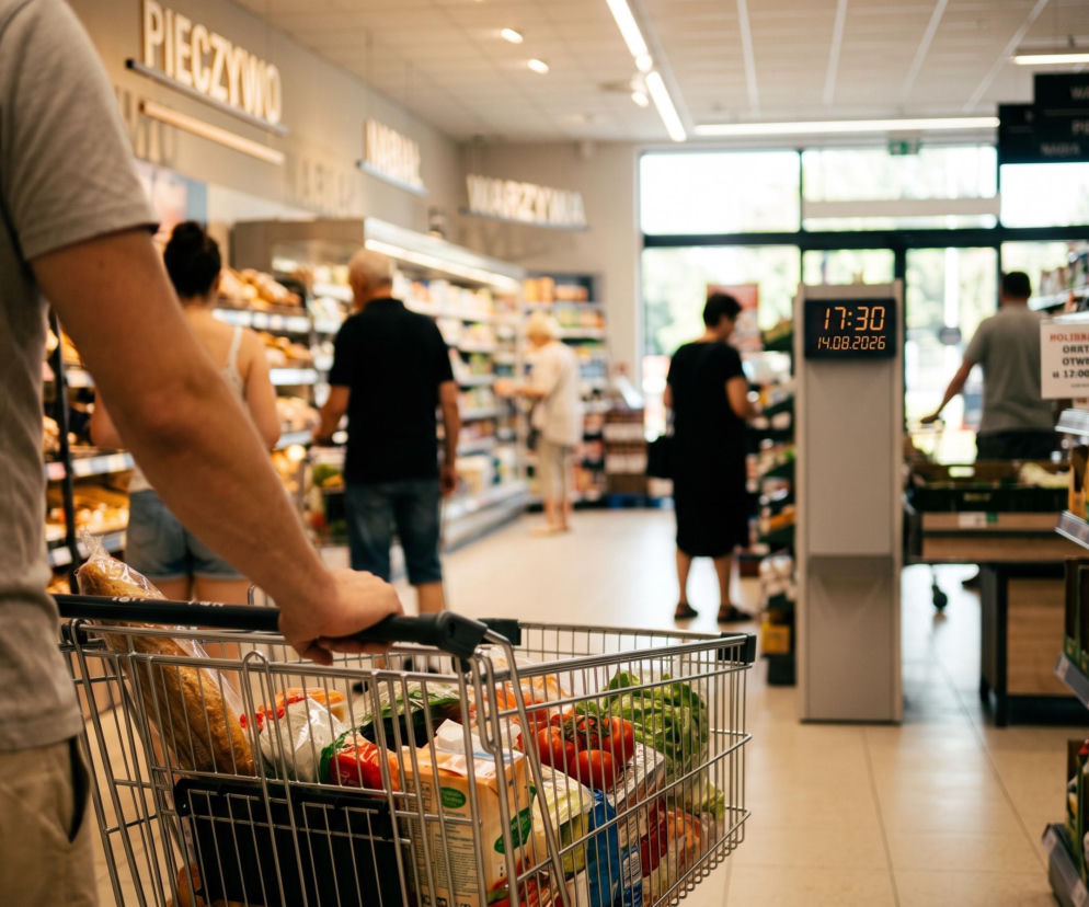 Osoba pcha wózek z zakupami w markecie. Obok zegar z datą 14.08.2026. O godzinach pracy sklepów przeczytasz na Eska.