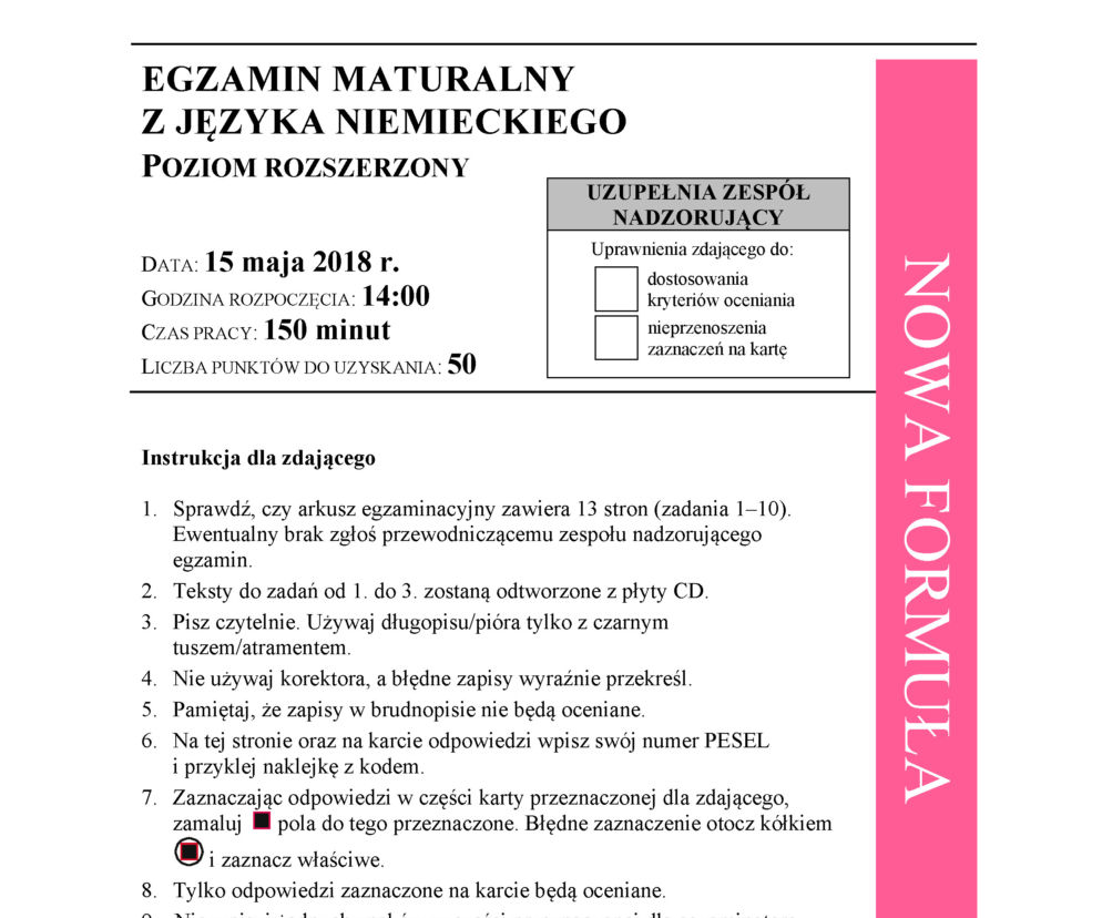 Matura 2018 - Język niemiecki, poziom rozszerzony
