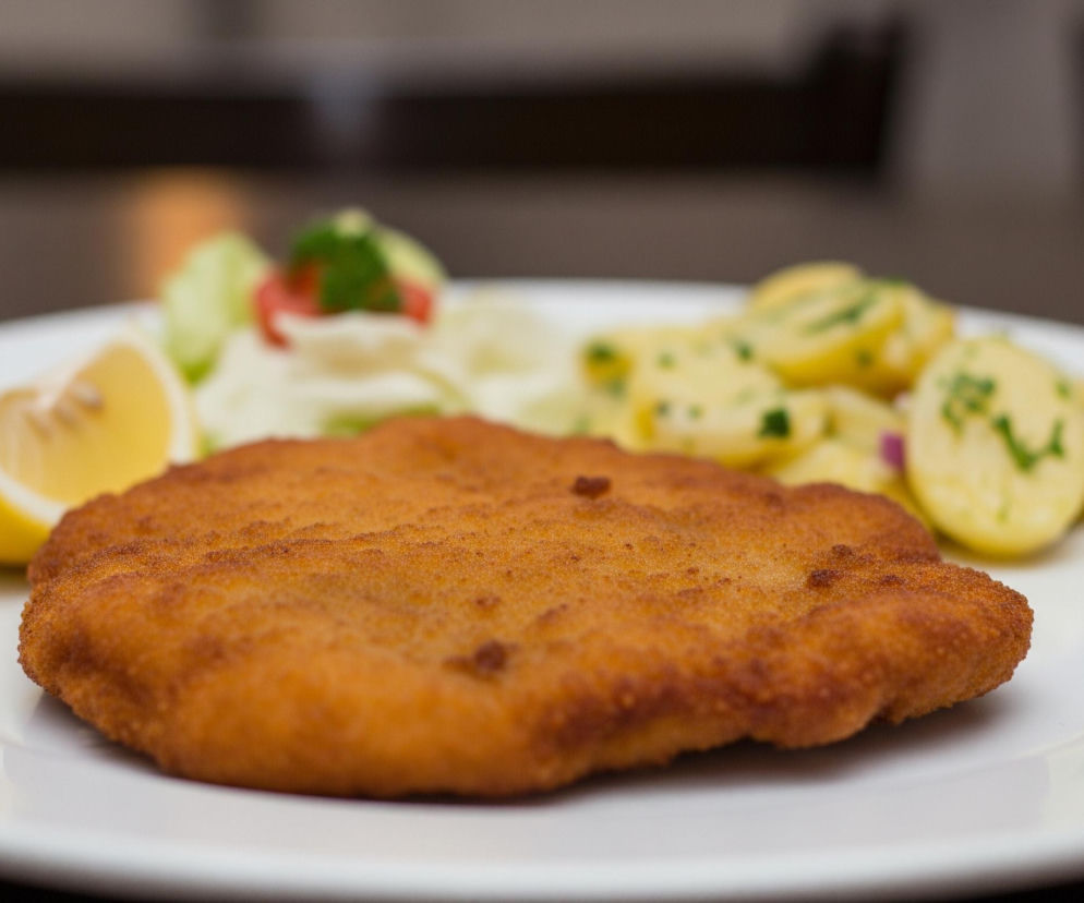 Na białym, owalnym talerzu leży duży, płaski kotlet w złocistej panierce, lekko nieregularnego kształtu. Obok kotleta, po lewej stronie, widoczny jest kawałek żółtej cytryny. Z tyłu, częściowo rozmyte, znajdują się dodatki: po lewej stos sałaty i świeżych warzyw, a po prawej talarek ziemniaków posypanych zieloną pietruszką i kawałkami fioletowej cebuli. Talerz spoczywa na ciemnym, rozmazanym tle, prawdopodobnie stole.