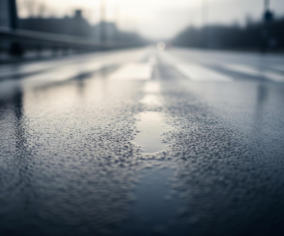 Mokry asfalt z widocznymi licznymi kroplami wody dominuje na pierwszym planie, rozciągając się ku horyzontowi. Na jezdni odbija się światło, tworząc jasne, podłużne smugi. W oddali, w centrum kadru, widać rozmazane czerwone i białe światło, przypominające światła pojazdu, na tle niewyraźnych ciemnych sylwetek budynków lub drzew i zamglonego nieba. Całość utrzymana jest w chłodnej tonacji szarości i błękitów, z delikatnymi jaśniejszymi akcentami w tle.