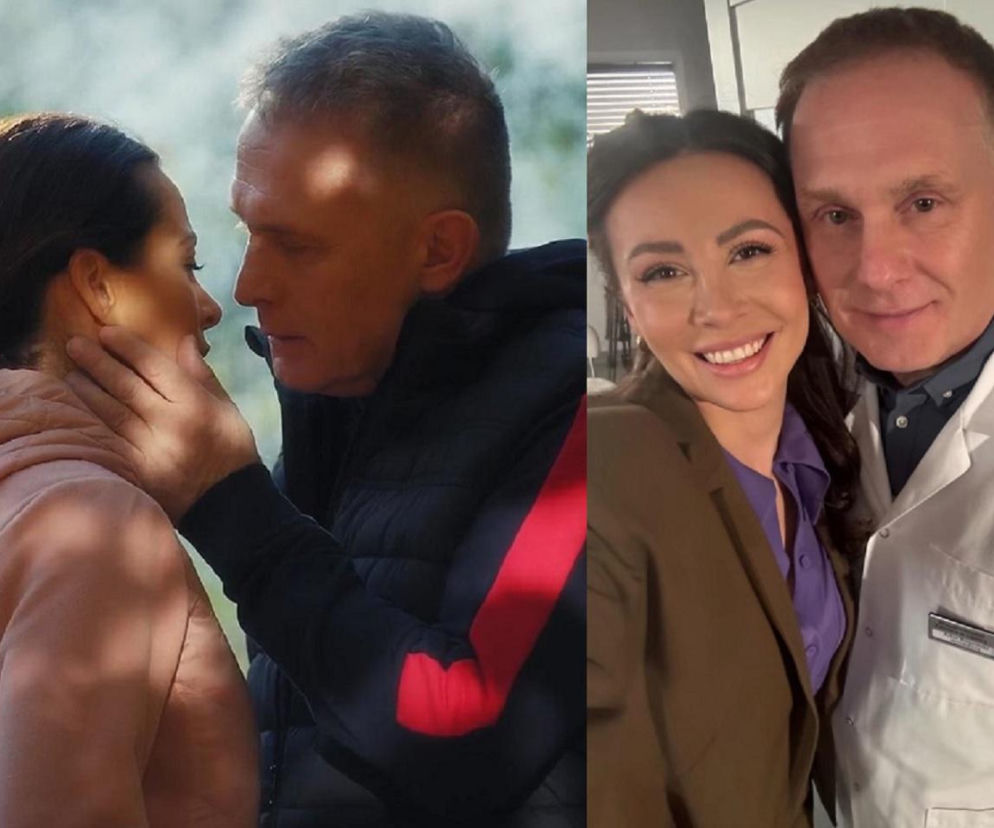 Dwa kadry z serialu M jak miłość. Po lewej Artur Rogowski (Robert Moskwa) dotykający policzka Joanny (Dominika Sakowicz) na tle drzew, po prawej oboje uśmiechnięci w objęciach. To co wyprawia Artur z Joanną w M jak miłość już nie mieści się w głowie. O tym i innych Super Seriale dowiesz się na naszym portalu.