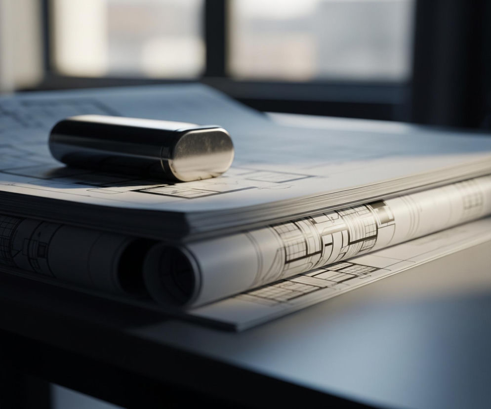 Na pierwszym planie leży stos złożonych, białych arkuszy papieru, prawdopodobnie planów architektonicznych lub technicznych, częściowo zwiniętych. Na wierzchu stosu spoczywa metalowy, podłużny przedmiot o zaokrąglonych krawędziach, którego jedna strona jest jaśniejsza i odbija światło. Tło przedstawia rozmyte okno lub duże przeszklenie, przez które wpada dzienne światło, tworząc kontrast między jasnymi i ciemnymi obszarami. Całość utrzymana jest w stonowanych odcieniach bieli, szarości i czerni.