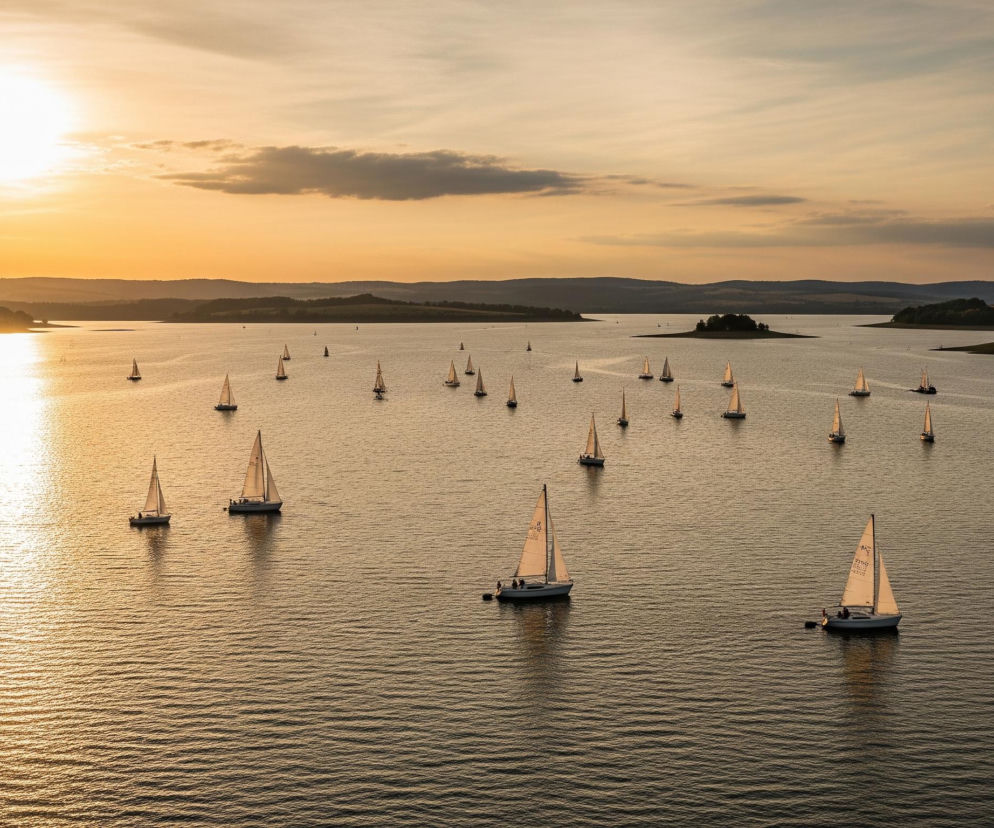 Duża grupa żaglówek płynie po jeziorze podczas zachodu słońca, którego światło odbija się od tafli wody. Na horyzoncie widoczne są pagórkowate brzegi zalesione po lewej stronie, a po prawej porośnięte roślinnością w ciemniejszych odcieniach zieleni, z widocznym samotnym, zalesionym półwyspem po prawej stronie. Niebo jest częściowo pokryte chmurami w odcieniach pomarańczu i żółci, ciemniejąc ku górze.