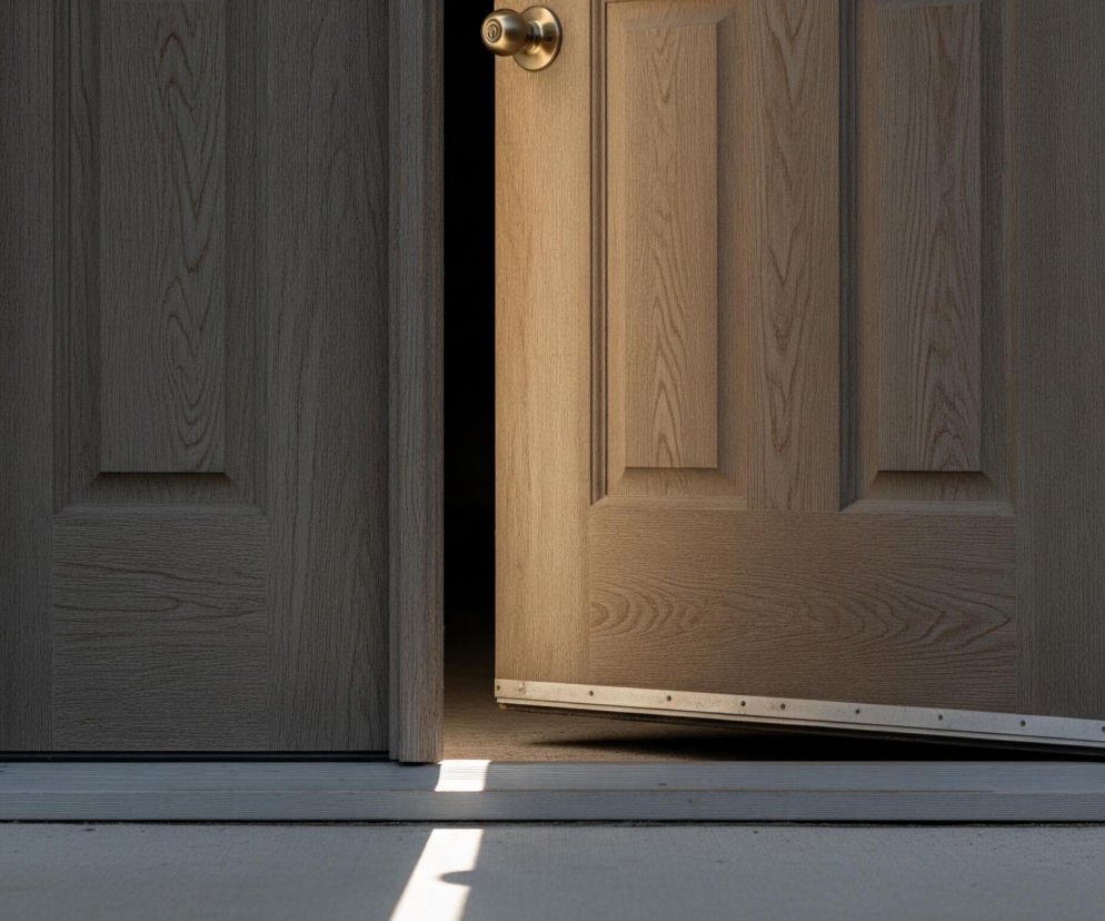 Otworzone drzwi ukazują wnętrze, z którego pada silne światło na cementową powierzchnię przed wejściem. Drzwi mają jasny, drewniany wzór, z widoczną mosiężną klamką po prawej stronie. Widoczne jest również fragment ściany wyłożonej szarym sidingiem po lewej stronie, oraz drewniane futryny drzwiowe.