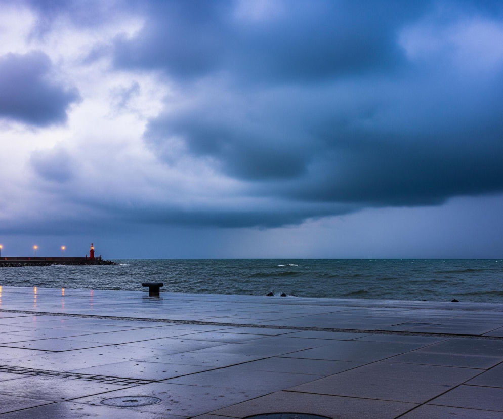 Osoba z parasolem stoi na betonowej nawierzchni o regularnym wzorze, patrząc w kierunku wzburzonego morza. W oddali, po lewej stronie, widać wysoką latarnię morską w czerwono-białe pasy, która odbija się w mokrej, lśniącej posadzce. Po prawej stronie horyzontu rozciąga się ciemne, burzowe niebo, kontrastujące z jaśniejszymi chmurami po lewej. Wzdłuż mola widać rząd zapalonych latarni, których światło również odbija się w wodzie i mokrym bruku.