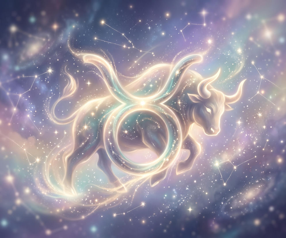 Świecąca sylwetka byka i znak zodiaku na tle gwieździstego kosmosu. O horoskopie dla Byka przeczytasz w serwisie Eska.