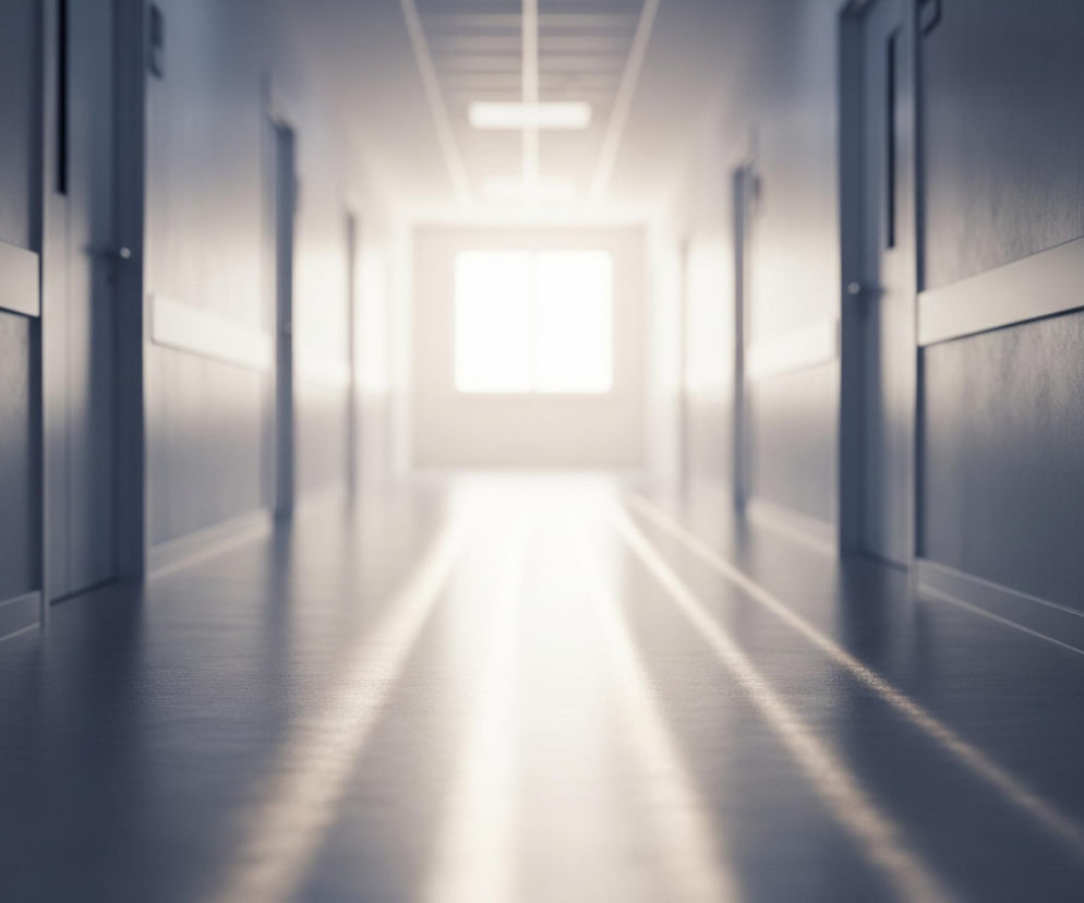 Długi, prosty korytarz rozciąga się w głąb obrazu, znikając w jasnej, rozmytej bieli na końcu. Po obu stronach widoczne są ściany w ciemnoszarym odcieniu, z wyraźnymi listwami ochronnymi biegnącymi poziomo na wysokości pasa. Wzdłuż ścian rozmieszczone są drzwi w jasnym kolorze, tworząc rytmiczne podziały. Światło padające z niewidocznego źródła na końcu korytarza tworzy jasne smugi na podłodze, podkreślając jej matową teksturę.