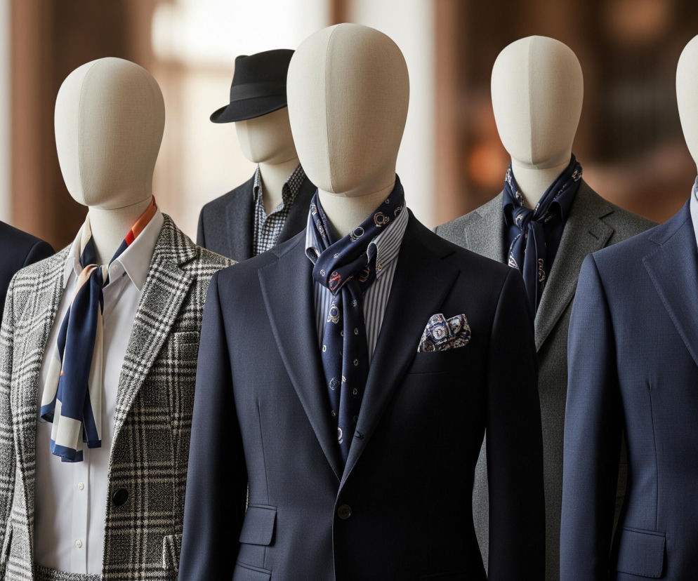 Grupa pięciu manekinów, ubranych w eleganckie męskie stroje, stoi w rzędzie, z lekko rozmazanym tłem. Manekiny mają gładkie, beżowe głowy bez rysów twarzy, pokryte tkaniną. Cztery z nich noszą marynarki w odcieniach granatu lub szarości, koszule i szale lub apaszki zawiązane pod szyją. Centralny manekin wyróżnia się granatową marynarką, niebieską koszulą w paski i ciemnoniebieską apaszką z nadrukiem, a w jego brustaszy znajduje się wzorzysta poszetka. Jeden z manekinów w tle ma na głowie czarny kapelusz.