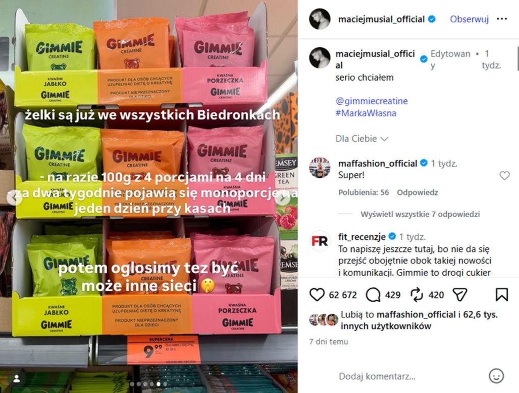 Maciej Musiał rusza z własną marką. Jego żelki z kreatyną trafiły do Biedronki