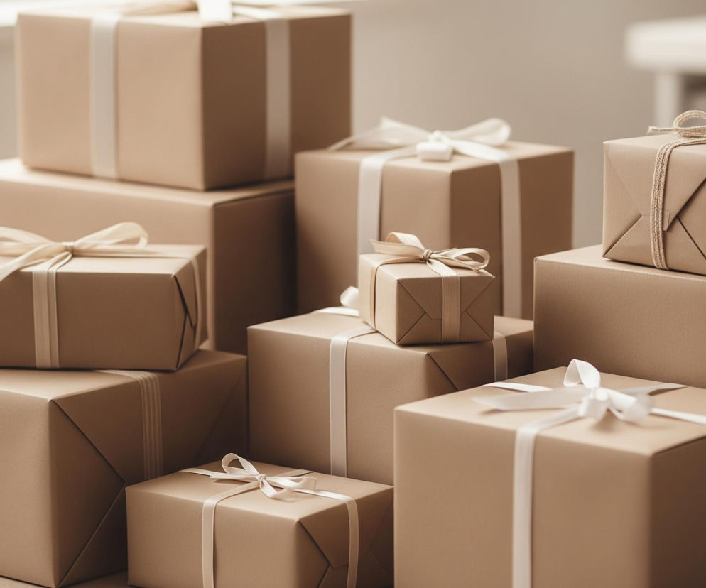 Zbiór pudełek prezentowych wypełnia większą część kadru. Większość pudełek jest owinięta matowym papierem w kolorze jasnego beżu lub brązu, z kilkoma wyjątkami o nieco jaśniejszym odcieniu. Pudełka mają różne rozmiary i są poukładane piętrowo oraz obok siebie, tworząc wrażenie stosu. Wiele z nich jest przewiązanych białymi lub beżowymi wstążkami zawiązanymi w kokardy na górze. W tle widać niewyraźne, jasne tło, sugerujące wnętrze pomieszczenia z elementami mebli.