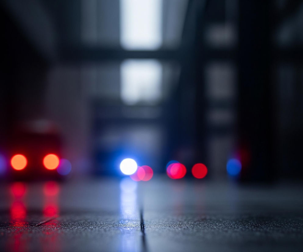 Ciemne, rozmyte tło z jaskrawymi, okrągłymi światłami w kolorach czerwonym, niebieskim i białym. Światła są rozproszone na całej szerokości obrazu, a najjaśniejsze białe i niebieskie światło znajduje się w centrum. Dolna część obrazu ukazuje ciemną, ziarnistą powierzchnię, prawdopodobnie asfalt lub chodnik, na której odbijają się kolorowe światła. Całość tworzy dynamiczną scenę z efektem bokeh, sugerującą ruch lub oddalenie od źródeł światła.
