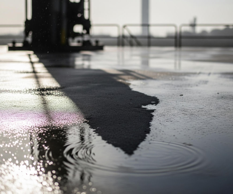 Powierzchnia jest mokra, z licznymi kałużami odbijającymi światło i tworzącymi efekt bokeh, szczególnie w lewej części kadru. Ciemny, ziarnisty cień rozciąga się od lewej do środka obrazu, a w prawym dolnym rogu widoczne są koncentryczne fale na wodzie. W tle, na horyzoncie, zarysowane są ciemne, niewyraźne kształty barierek i konstrukcji.