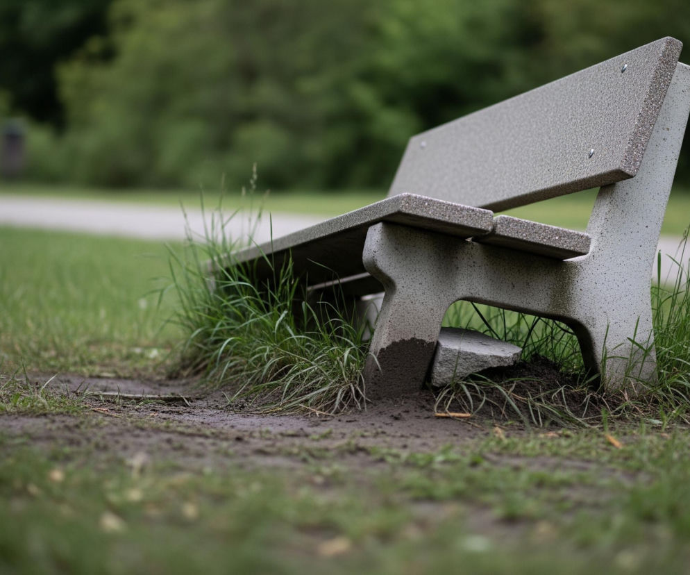 Na pierwszym planie, z prawej strony, znajduje się pusta, betonowa ławka o szarym, ziarnistym wykończeniu, z metalowymi śrubami widocznymi na oparciu. Ławka stoi na nierównym, mokrym gruncie, częściowo pokrytym zieloną trawą, która miejscami przerasta przez jej podstawę. W tle, po lewej stronie ławki, ciągnie się lekko rozmyta ścieżka lub droga o jasnoszarym kolorze, a za nią rozpościera się zielona roślinność i drzewa. Całość oświetlona jest miękkim, naturalnym światłem.