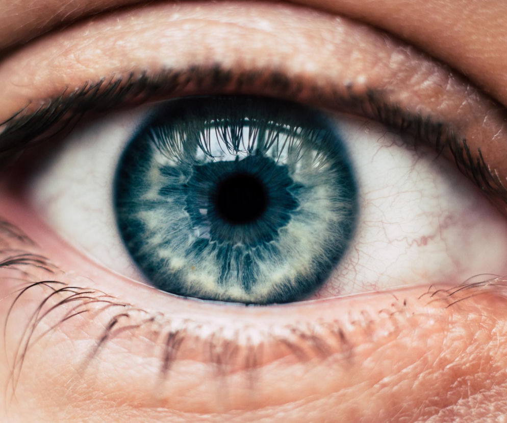 Makro zbliżenie na ludzkie oko z wyraźnie widoczną błękitną tęczówką i czarną źrenicą, otoczone siateczką naczyń krwionośnych na białku. Zdjęcie ilustruje temat zdrowia oczu i wpływ melatoniny na siatkówkę, o czym można przeczytać na Poradnik Zdrowie.