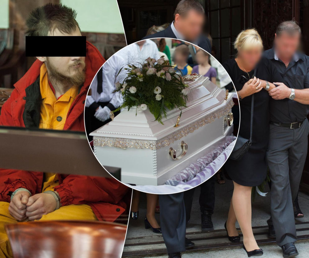Mężczyzna w kajdankach na sali sądowej, obok żałobnicy. Na miniaturze biała trumna. O tragedii w SE Wrocław.