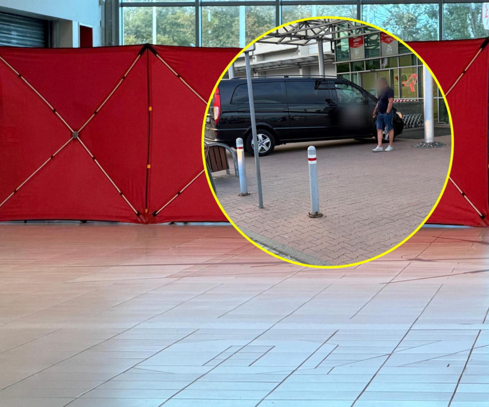 Czerwony parawan wewnątrz galerii. Na miniaturze czarny karawan przed sklepem. O tragedii przeczytasz na Eska Warszawa.