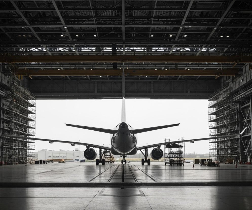 Centralnie na zdjęciu znajduje się duży samolot pasażerski, widziany od tyłu, stojący w otwartym hangarze. Samolot o ciemnej barwie ma rozłożone skrzydła z dwoma silnikami widocznymi pod każdym, a pionowy statecznik ogonowy wznosi się nad kadłubem. Tło za samolotem jest jasne i jednolite, prawdopodobnie przedstawiające pochmurne niebo.

Wnętrze hangaru jest ciemne i rozległe, z widocznymi konstrukcjami kratownicowymi dachu i ścian. Po obu stronach samolotu widać wysokie rusztowania sięgające prawie do dachu hangaru, a na nich stoją mniejsze, przenośne platformy. Podłoga hangaru jest gładka i odbija światło, tworząc refleksy.