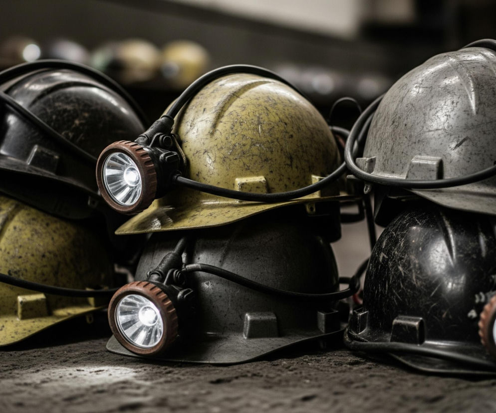 Zbiór kilku brudnych kasków górniczych w odcieniach czerni, szarości i żółci, z przypiętymi czołowymi lampami, na tle rozmytej przestrzeni zakładu przemysłowego. Symbolizuje ciężką pracę i zarobki górników, o czym przeczytasz na Super Biznes.