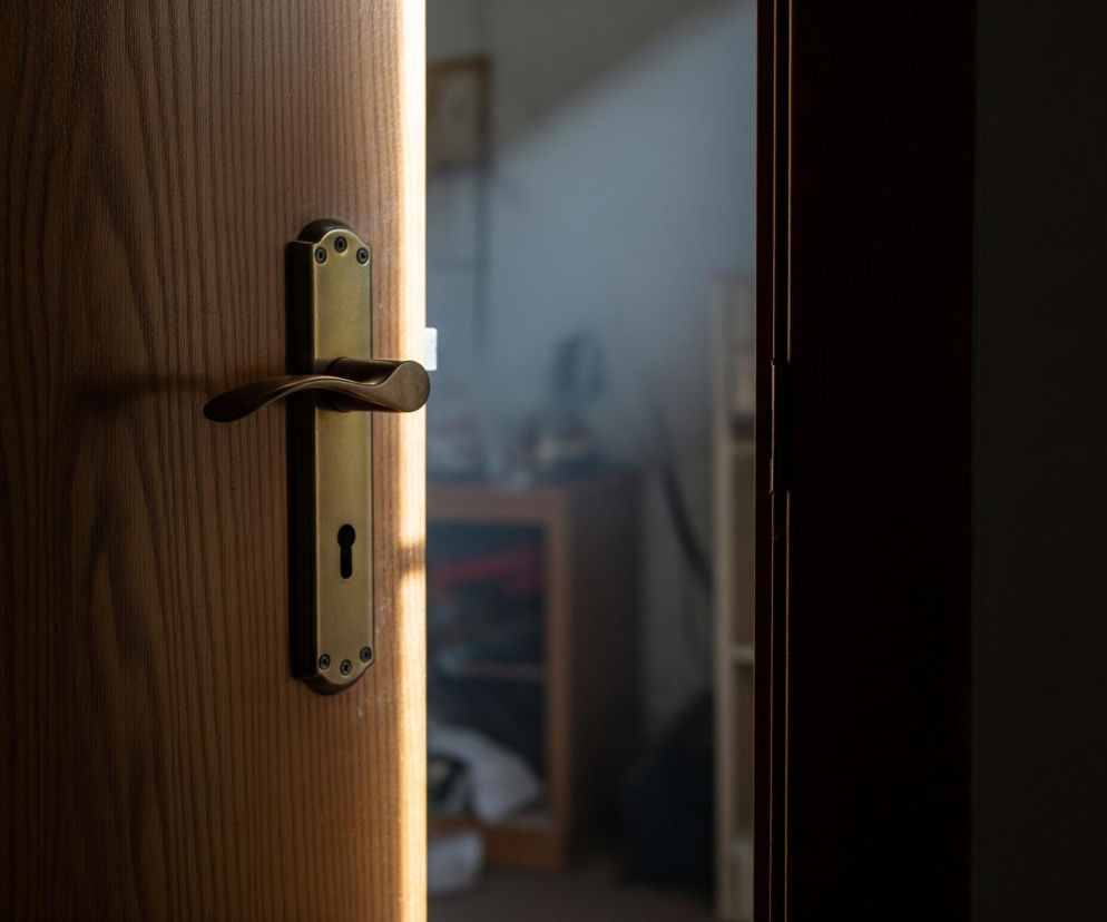 Uchylone drewniane drzwi z mosiężną klamką oświetlone są z tyłu, tworząc jasną szczelinę pośrodku obrazu. Lewa strona ukazuje fakturę drewnianej powierzchni drzwi, a na pierwszym planie, w centrum, znajduje się metalowa klamka z zamkiem, odbijająca światło. Prawa strona obrazu to ciemny, zacieniony futryna, zza której wyłania się lekko zamglone, rozmyte tło wnętrza pomieszczenia.