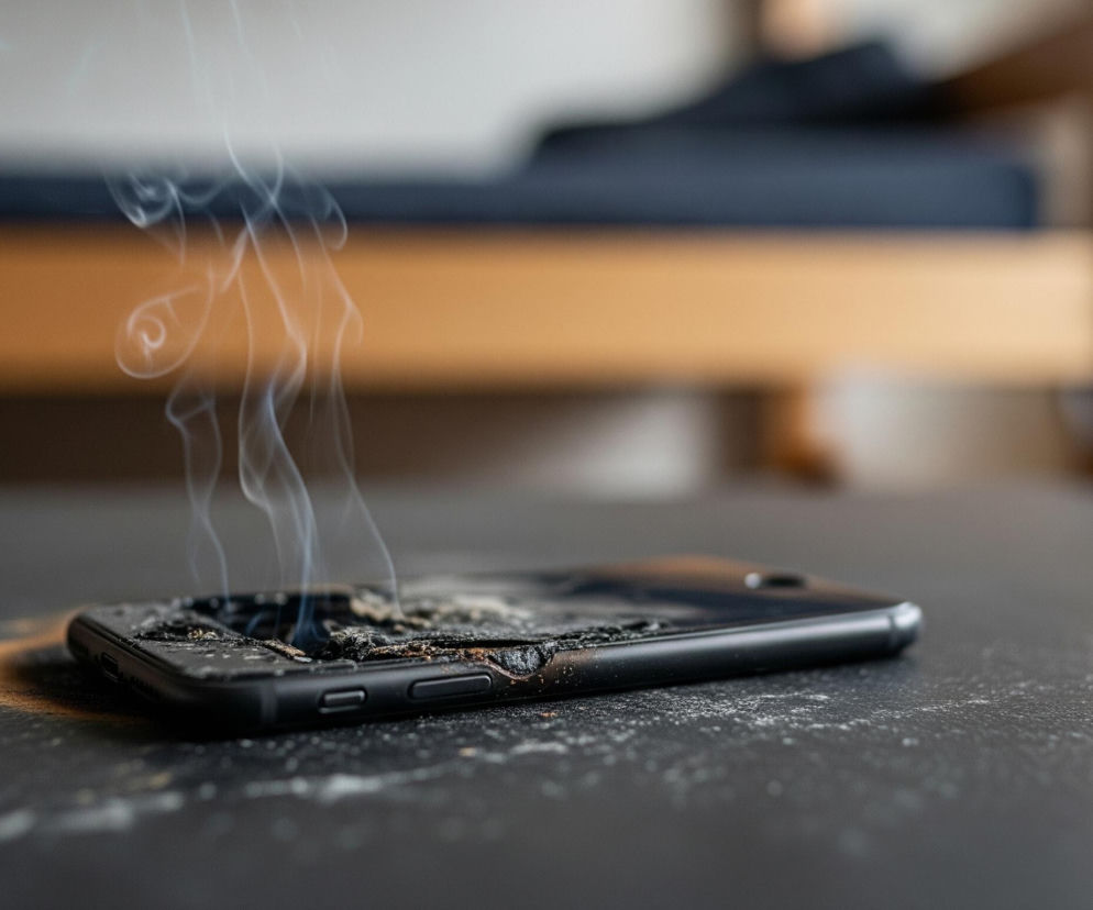 Czarny, uszkodzony smartfon leży na ciemnoszarym, lekko zakurzonym blacie, z którego unosi się dym. Dym jest jasny, prawie biały i wije się do góry, tworząc zakręcone kształty. Lewa strona telefonu jest mocno spalona i stopiona, z widocznymi poczerniałymi i zniekształconymi elementami wewnętrznymi. Na blacie wokół urządzenia rozsypane są drobne, jasne cząsteczki i kilka ciemniejszych okruszków. W tle widać rozmazane, drewniane ramy mebla oraz ciemnoniebieską tkaninę, sugerujące wnętrze pomieszczenia.