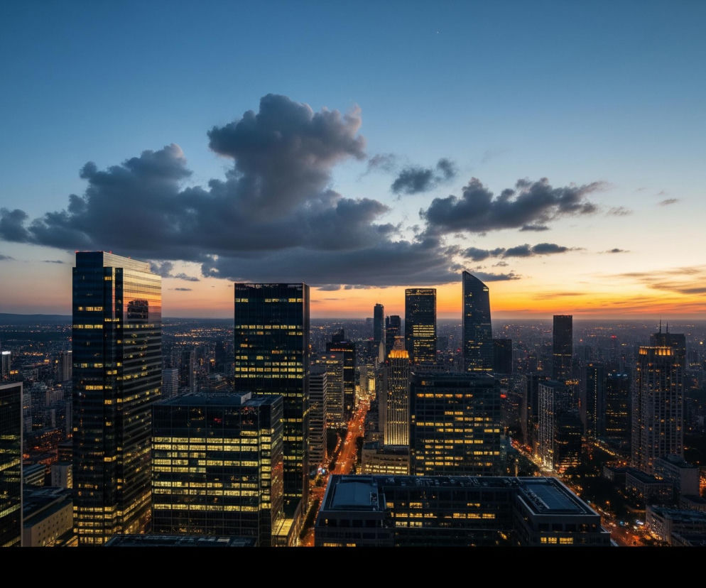 Czarna sylwetka osoby, stojącej tyłem do obserwatora, znajduje się w prawym dolnym rogu obrazu, spoglądając na rozległe miasto o zmierzchu. Za nią rozciąga się panorama gęsto zabudowanego obszaru, pełnego wysokich budynków z mnóstwem świecących, żółtych świateł w oknach. Horyzont na tle miasta rozświetlony jest ciepłymi odcieniami pomarańczowego i żółtego zachodu słońca, przechodzącymi w intensywny błękit nieba, na którym unoszą się ciemne, puszyste chmury. W lewej części obrazu widoczny jest odległy, rozświetlony pejzaż miejski, a cały widok przedstawia miejską scenerię z góry, prawdopodobnie z dachu lub tarasu widokowego.