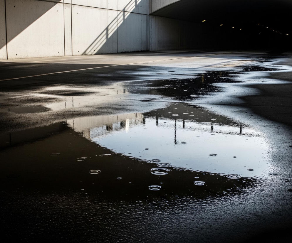 Asfaltowa droga, częściowo oświetlona promieniami słońca, prowadzi w głąb ciemnego tunelu. Na mokrej nawierzchni widać kałuże, w których odbija się fragment betonowej ściany i światło z zewnątrz, tworząc jaśniejsze plamy na ciemnym tle. Po prawej stronie, wzdłuż ściany, biegnie wąski chodnik z białą linią, również wpadający w mrok tunelu. Na powierzchni wody w kałużach widoczne są drobne kręgi, powstałe od spadających kropli.
